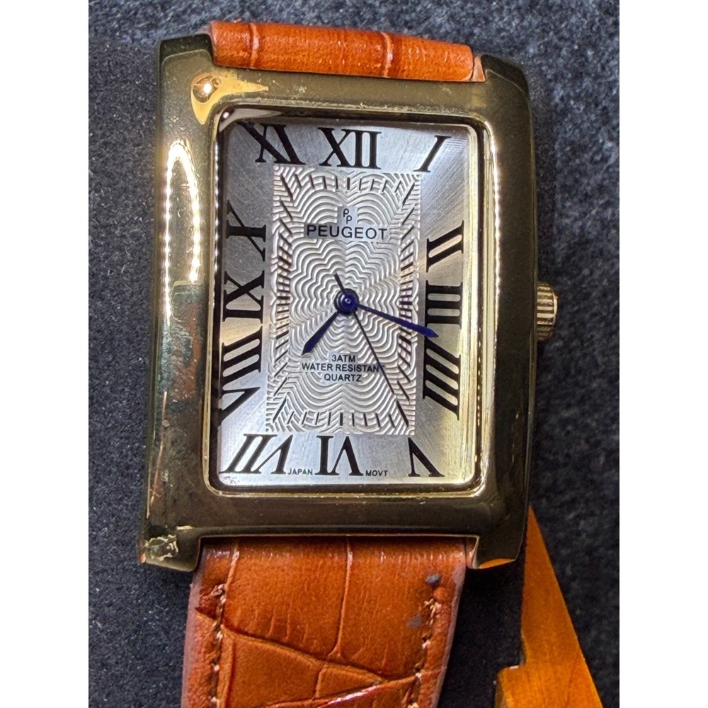 Peugeot 2051 Mens Watch 37mm Gold Tone Roman Silver Dial Quartz Brown Leather